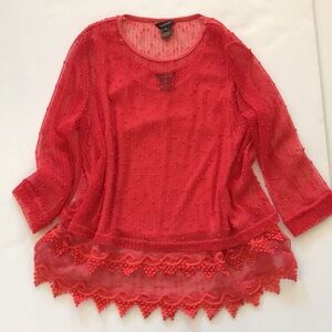 Multiples 2-Piece Dark Coral Crochet/Tulle Trim Shell with Mesh Sequin Top LG
